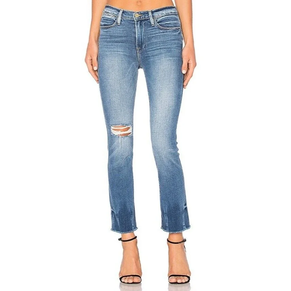 Frame Size 25 Le High Straight Jeans Blue Lightly Distressed Cropped Ankle